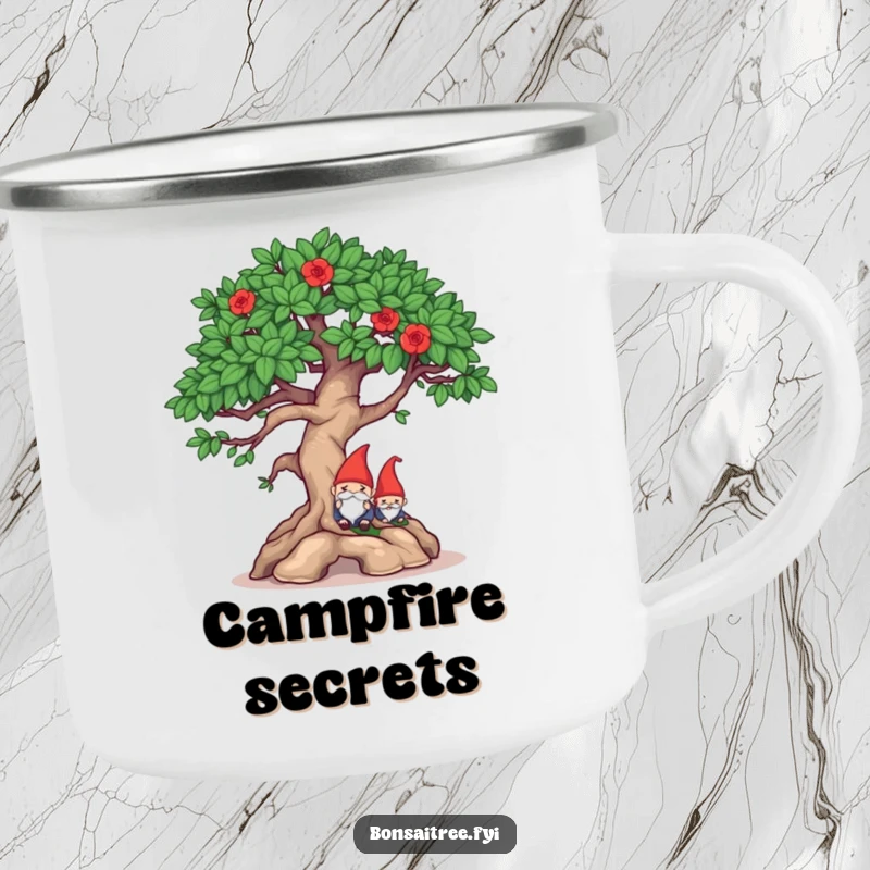 Funny mischievous bonsai winking and hiding a gnome on a camping mug, perfect for witty outdoor moments and humorous enjoyment.
