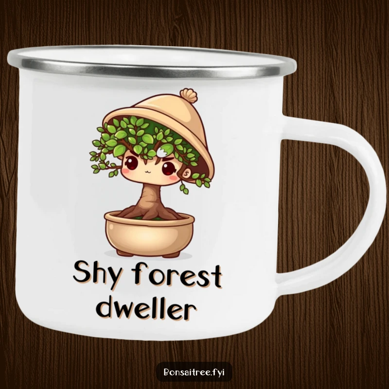 Funny shy bonsai tree character peeking out from under a tiny hat, ready for adventure on a sturdy camping mug.