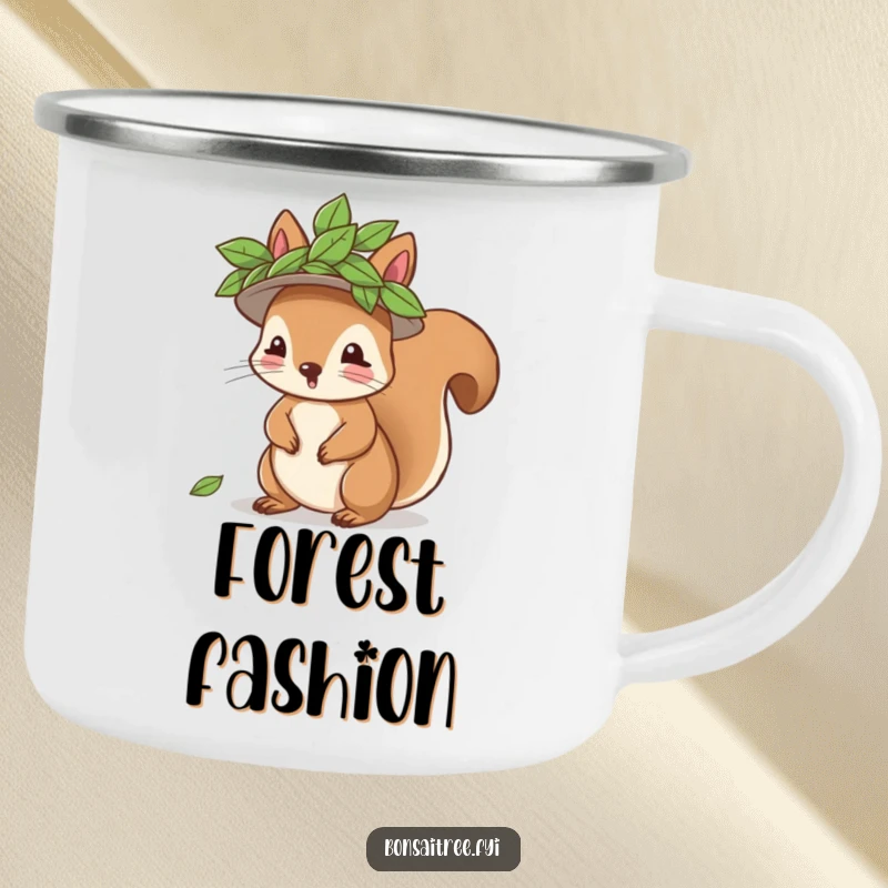 Funny playful squirrel with a leaf hat on a rugged camping mug, perfect for outdoor use, adding a touch of whimsy and humor.