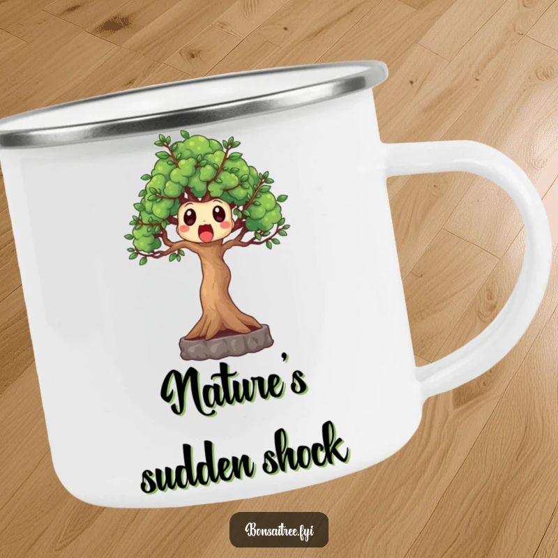 Funny surprised bonsai tree camping mug, branches reaching out in shock, a humorous and durable mug for outdoor adventures.