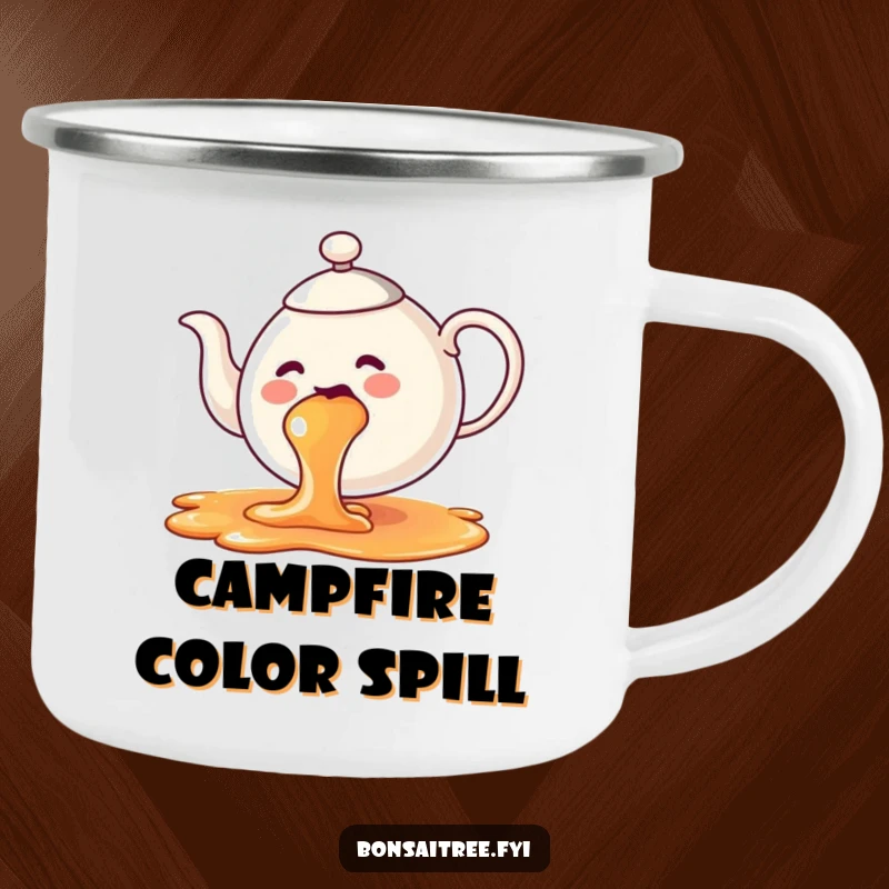 Funny teapot camping mug, spilling a bright rainbow of tea, perfect for colorful outdoor enjoyment.