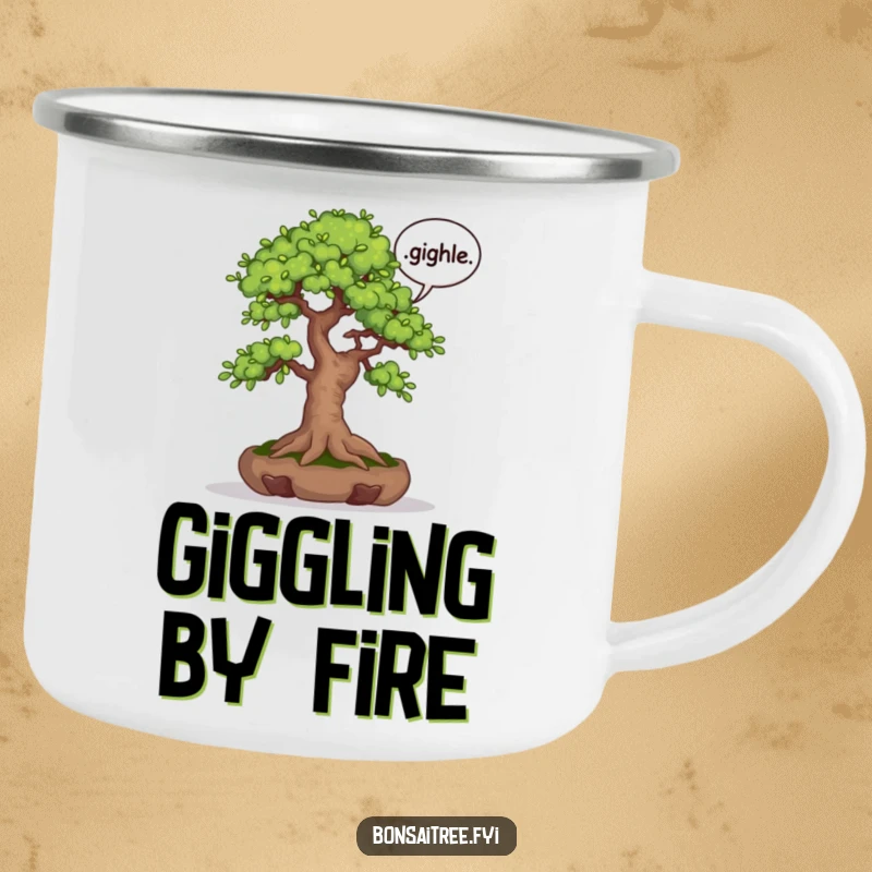 Funny enamel camping mug featuring a bonsai tree with a speech bubble containing the word 'giggle'. Great for outdoor enthusiasts who love humor.
