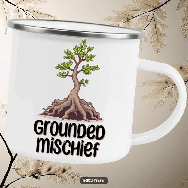 Funny camping mug with a mischievous bonsai tree and its peeking roots, built for adventure and playful moments.