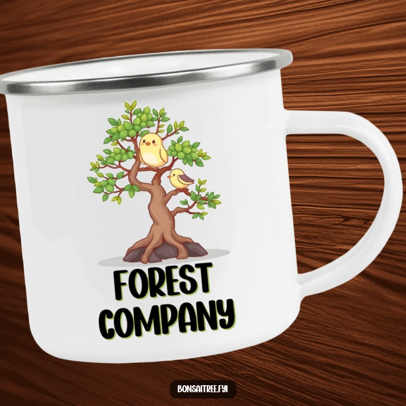 Funny camping mug picturing a happy bonsai tree with a bird, ideal for sipping beverages during outdoor escapades.