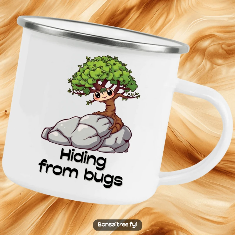 Funny Bonsai Tree Camping Mug showing a mischievous character hiding behind a rock, perfect for outdoor enthusiasts who love a laugh.