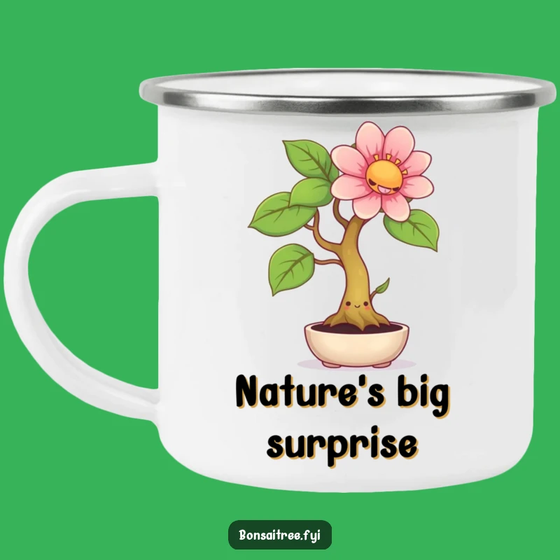 Funny Enamel Camping Mug: Smiling Bonsai, Giant Flower, Outdoor Laughs