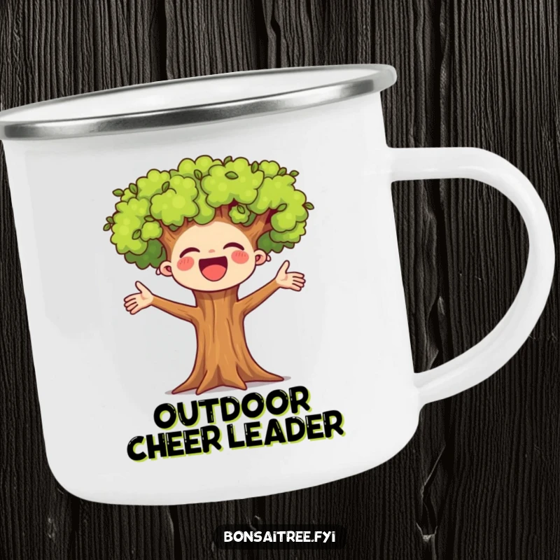 Funny, durable camping mug featuring a cheering tree, perfect for hot drinks during outdoor adventures.