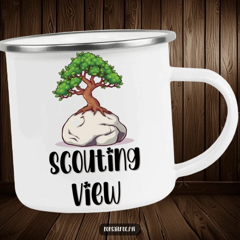 Funny enamel camping mug featuring a bonsai tree with eyes peeking from behind a rock, perfect for outdoor enthusiasts with a sense of humor.