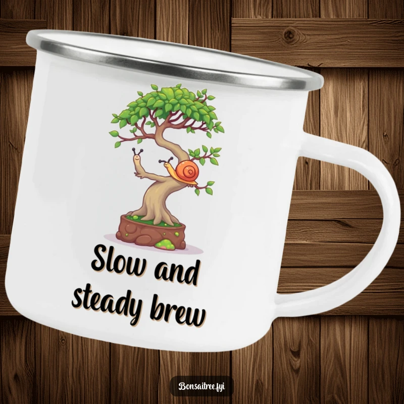 Funny Bonsai Tree Camping Mug: A mischievous bonsai character balancing a tiny snail on its canopy, perfect for outdoor fun.