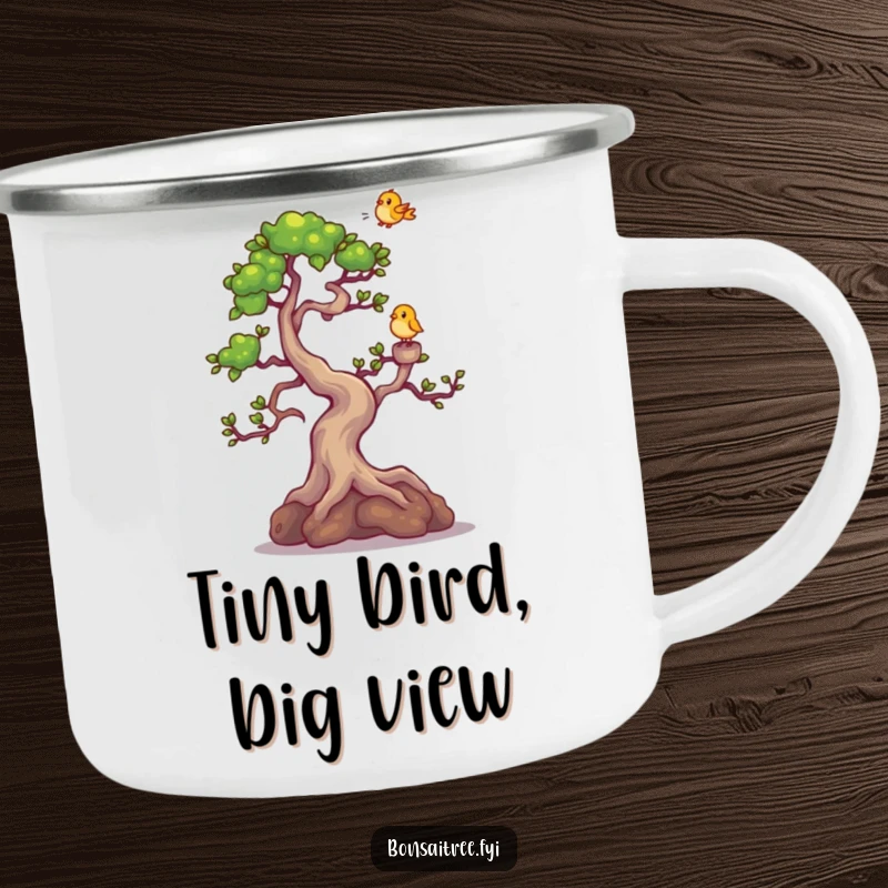 Funny Bonsai Tree Camping Mug: A cute bonsai character giggling as a tiny bird lands on its branch, perfect for outdoor fun.