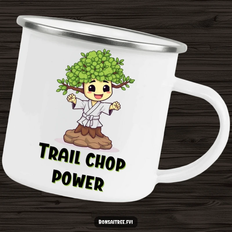 Funny camping mug with a happy bonsai tree character performing a tiny karate chop. Durable and motivating for outdoor use.