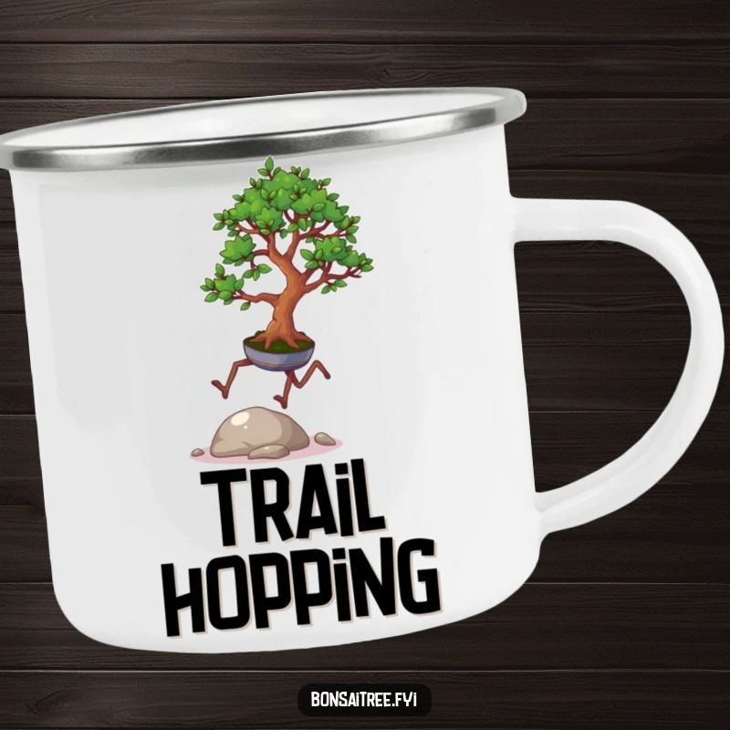 Funny enamel camping mug featuring a bonsai tree with legs playfully hopping over a pebble, perfect for outdoor enthusiasts.