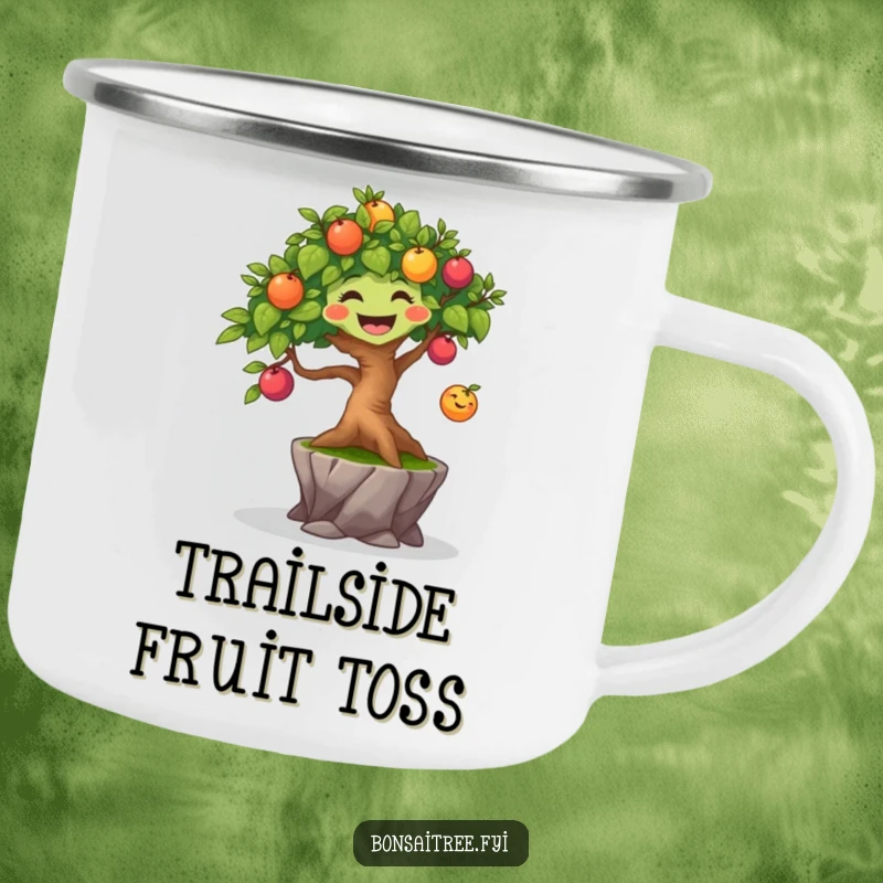 Funny joyful bonsai tree character bouncing a small, colorful fruit, ready for adventures on a sturdy camping mug.