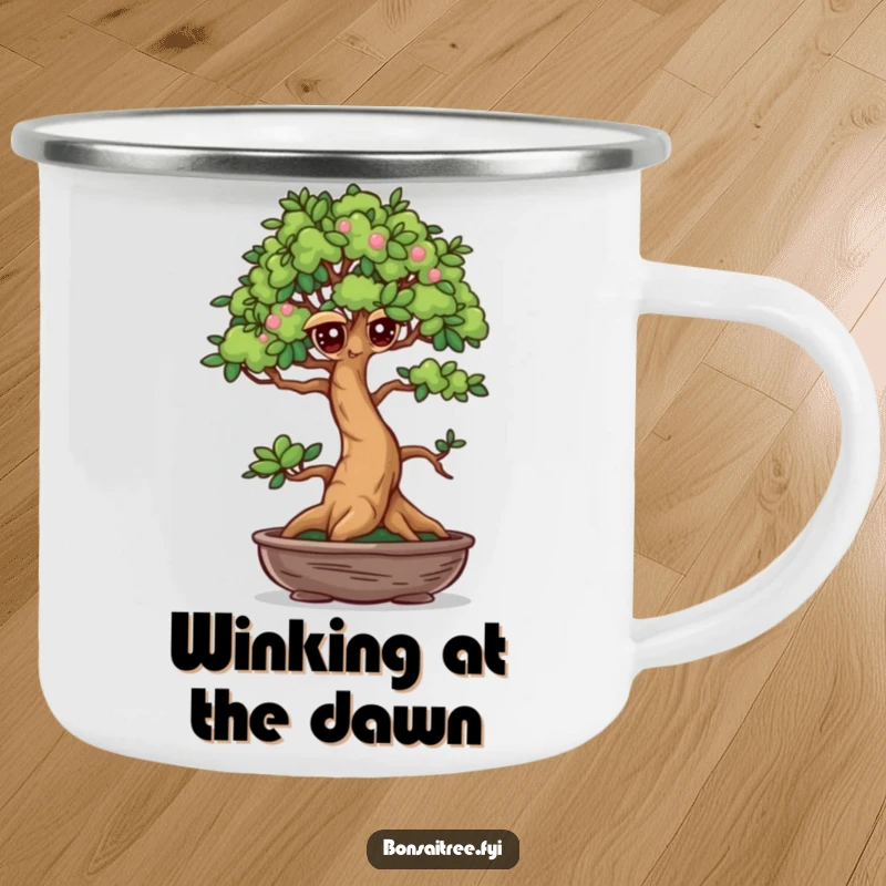 Funny Winking Bonsai Tree Camping Mug: A mischievous bonsai winks, perfect for outdoor humor and sharing secrets around the campfire.