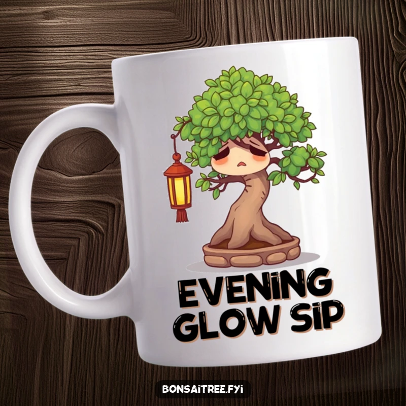 Funny weary bonsai tree character sighing contentedly under a tiny lantern, looking peaceful and tired on a coffee mug.