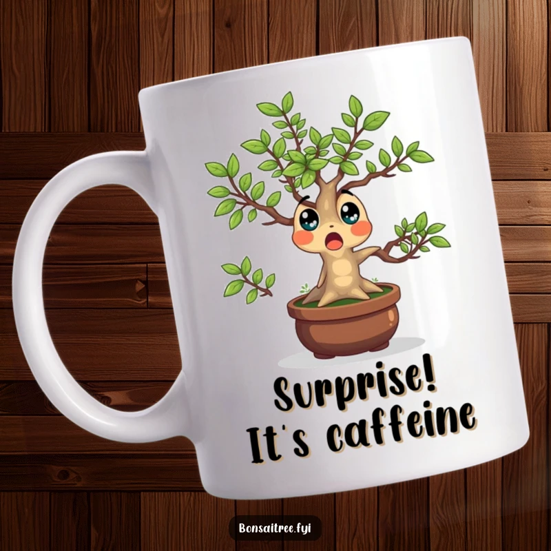 Funny Bonsai Tree Mug featuring a surprised character with leaves popping outwards, expressing comical shock and humor.