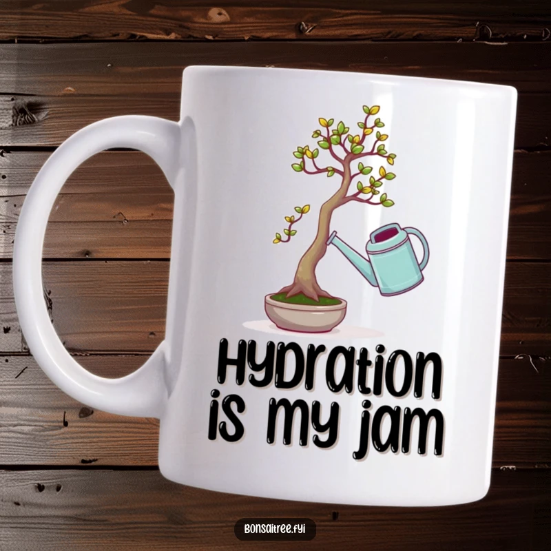 Funny mug depicting a tiny bonsai tree heroically, yet comically, lifting an oversized watering can, full of determination and humor.