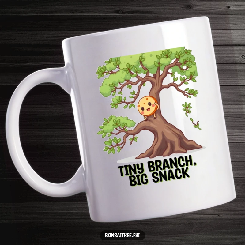 Funny mug featuring a mischievous cookie character with big eyes, attempting to climb a large, vibrant green bonsai branch with determination.