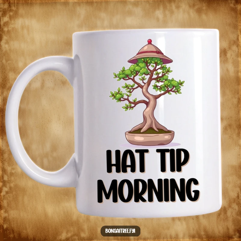 Funny mug showcasing a small bonsai tree wearing a tiny hat and gently waving a delicate branch, exuding politeness and charm.