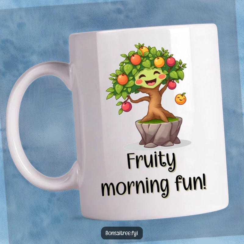 Funny joyful bonsai tree character happily bouncing a small, colorful fruit, radiating cheer on a coffee mug.