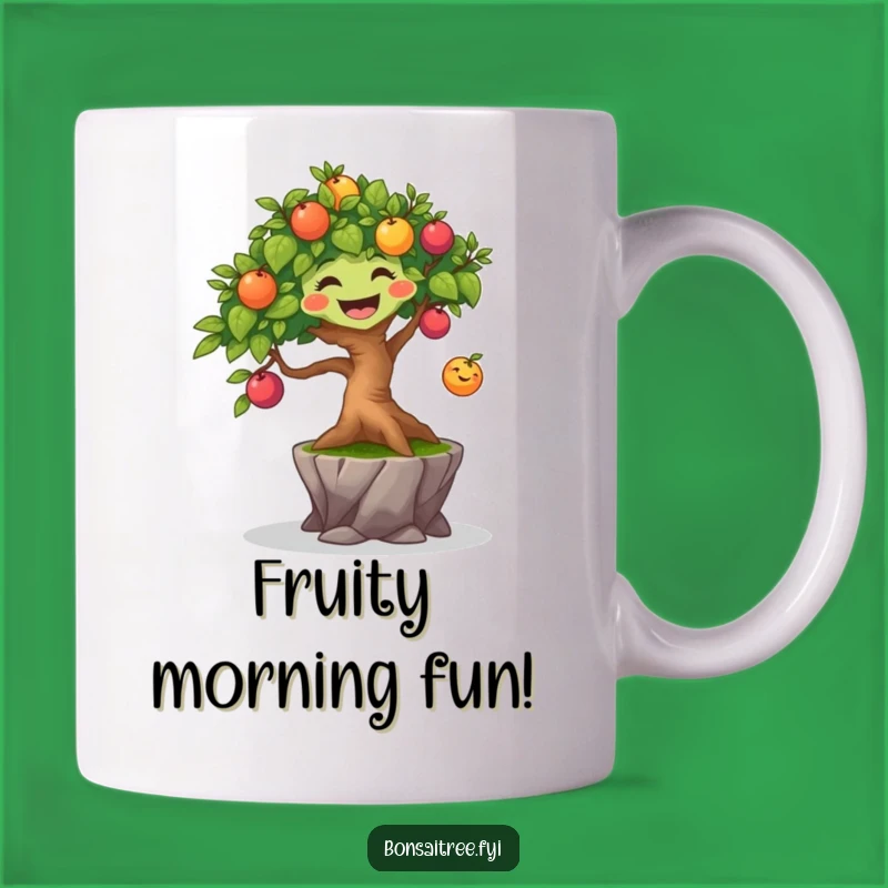 Funny Joyful Bonsai Tree Mug Gift - Bouncing Fruit Character for Happy Mornings