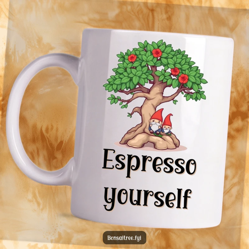 Funny mischievous bonsai character winking while hiding a tiny gnome on a mug, showcasing playful secrets and humor.