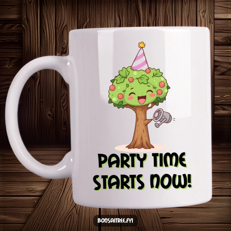 Funny mug featuring a miniature bonsai tree wearing a party hat, joyfully dancing with a watering can.