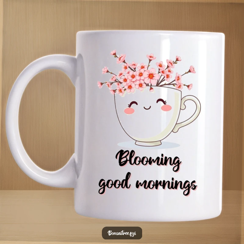Funny mug with a smiling teacup character overflowing with tiny, pink cherry blossoms, exuding joy and delicate beauty.