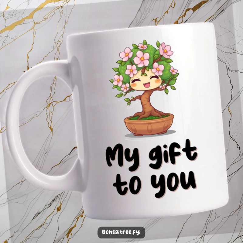 Funny mug with a winking bonsai tree character holding out a single, perfect flower, conveying a charming and humorous gesture.