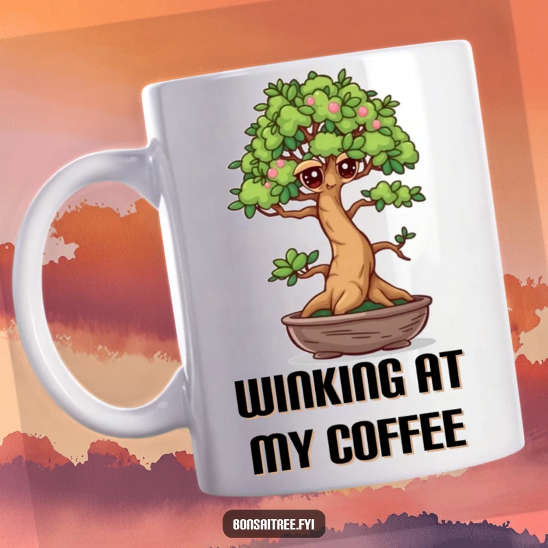 Funny Winking Bonsai Tree Mug: A mischievous bonsai winks playfully, adding a humorous and charming touch to your daily coffee or tea.
