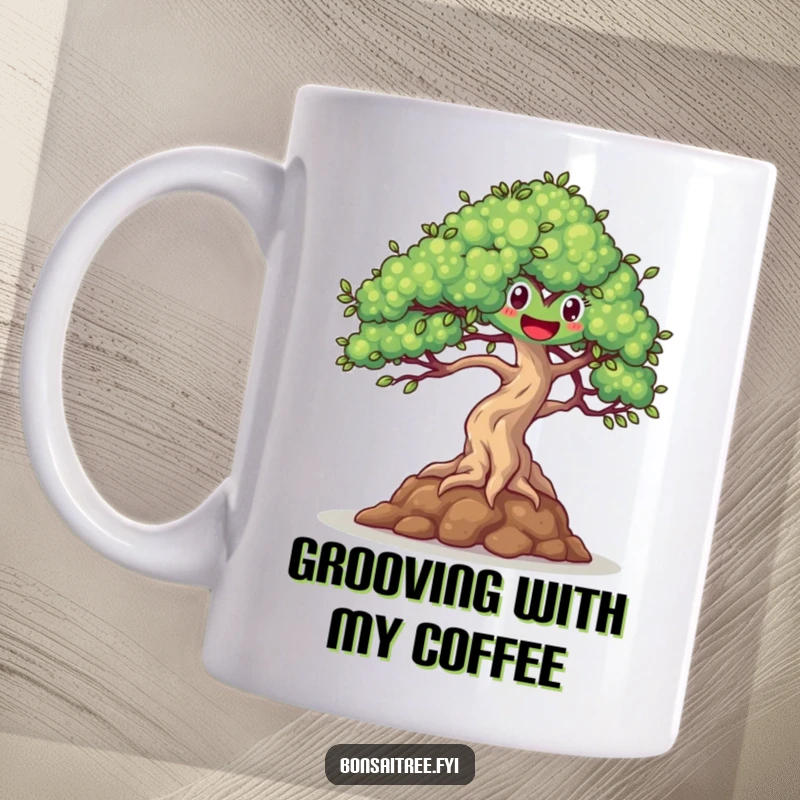 Funny mug featuring a happy-eyed bonsai tree joyfully dancing with its branches swaying in a gentle breeze.