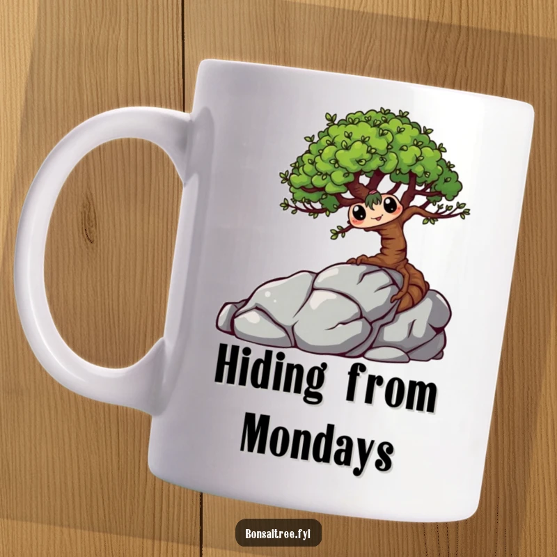 Funny Bonsai Tree Mug featuring a mischievous character playfully hiding behind a rock, adding a touch of sneaky humor.