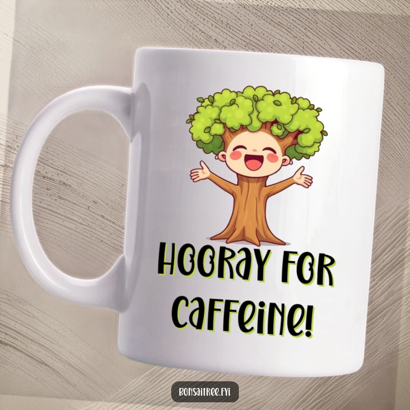 Funny coffee mug featuring a miniature bonsai tree mascot with arms spread wide, cheering enthusiastically. A symbol of joy and positivity.