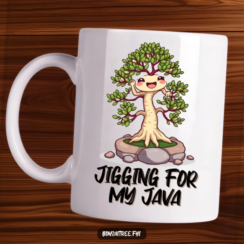 Funny Jigging Bonsai Tree Mug: A cheerful bonsai dances with small stones, bringing a humorous and lively vibe to your morning coffee.