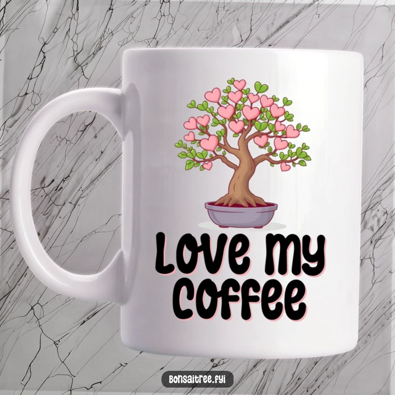 Funny coffee mug featuring a charming bonsai tree with leaves artfully shaped like tiny hearts. A sweet and humorous design for any occasion.