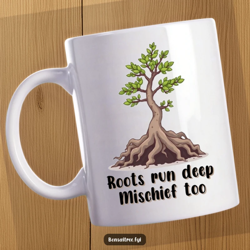 Funny mug featuring a bonsai tree with mischievous roots peeking out playfully, ready for a day of fun and laughter.