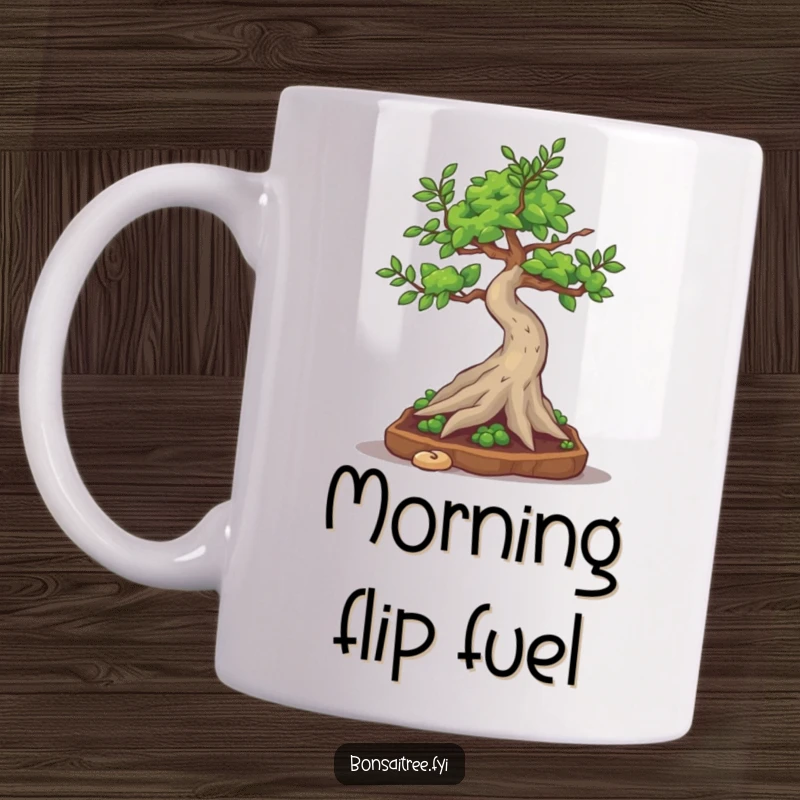 Funny bonsai tree character attempting a silly little somersault, looking clumsy and hilarious on a coffee mug.