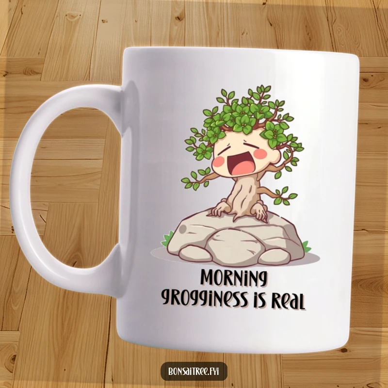 Funny mug showing a tired bonsai tree character yawning widely while relaxing on a sun-drenched rock.