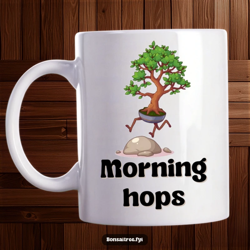 Funny mug featuring a small bonsai tree with cute legs, playfully hopping over a tiny pebble, showcasing agile and humorous movement.