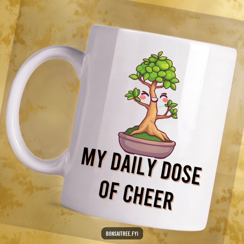 Funny coffee mug featuring a tiny bonsai tree with a smiley face winking mischievously. Perfect for a lighthearted and humorous start to the day.