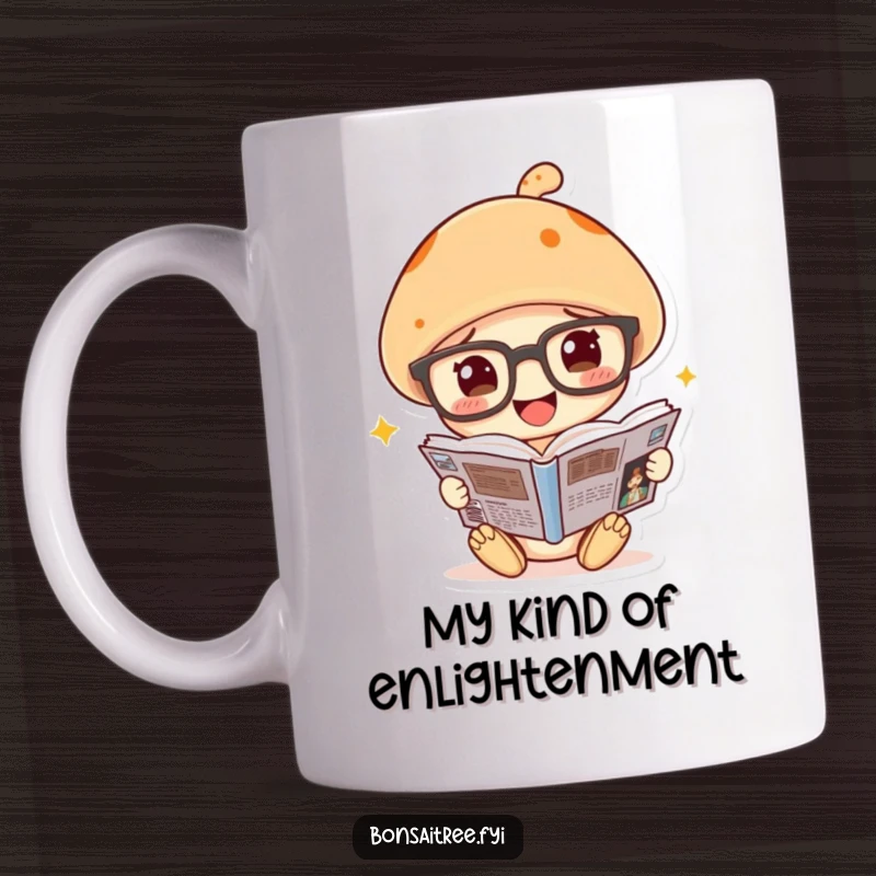 Funny mushroom mug with huge glasses engrossed in a comic book, radiating studious humor.