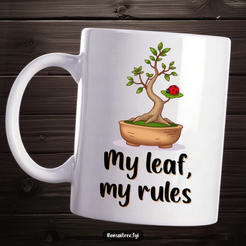 Funny bonsai tree with outstretched arms carefully balancing a tiny ladybug on a leaf, a quirky and humorous nature illustration.