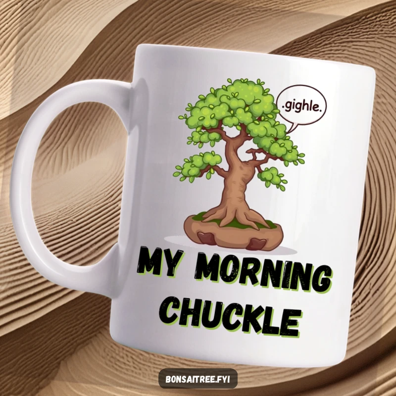 Funny coffee mug showing a bonsai tree with a speech bubble containing the word 'giggle'. A playful and humorous design for daily enjoyment.