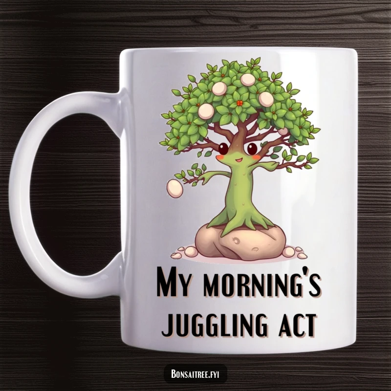 Funny Bonsai Tree Mug: A skilled bonsai character demonstrating impressive juggling with tiny pebbles using its branches, showcasing focus.