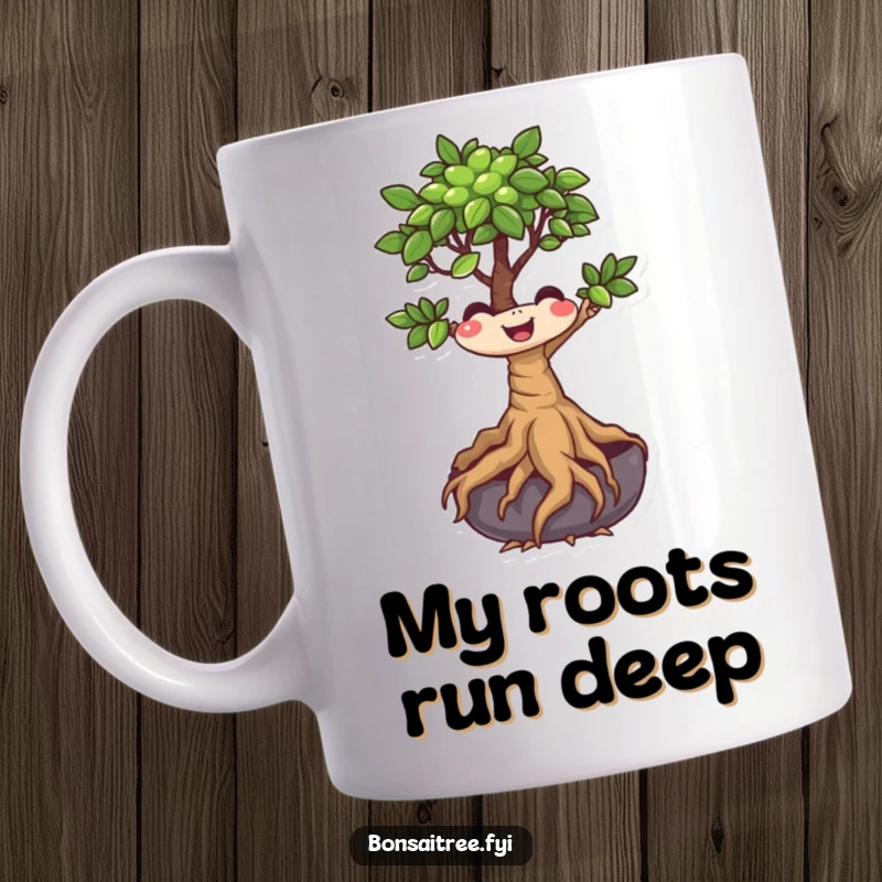 Funny Bonsai Tree Mug featuring a tiny, smiling character with playfully wiggling roots, spreading joy and humor.