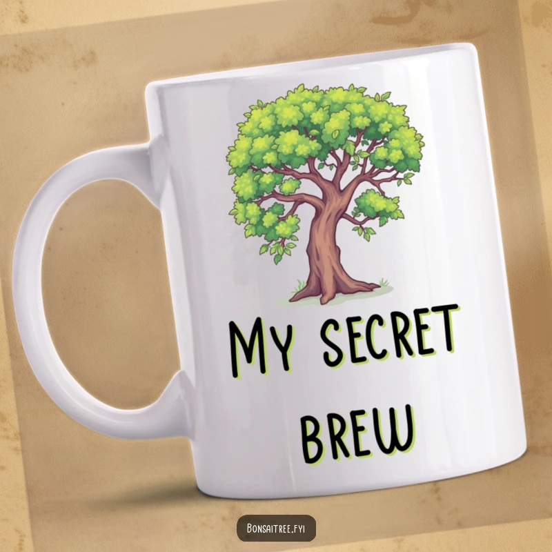 Funny coffee mug featuring a small bonsai tree leaning in conspiratorially, as if sharing a secret. Adds a touch of playful mystery.