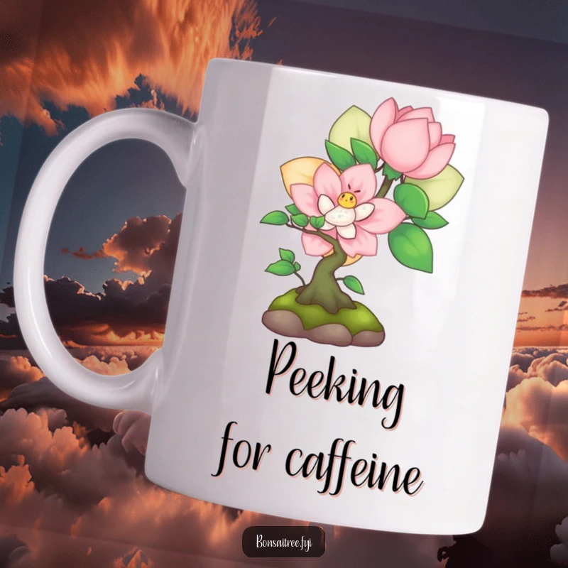 Funny shy bonsai character peeking from behind a large blooming flower on a mug, conveying gentle humor and sweetness.