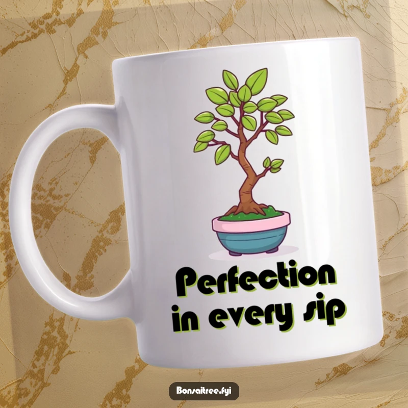 Funny ceramic mug featuring a happy bonsai tree character offering a single, perfectly shaped green leaf with a smile.