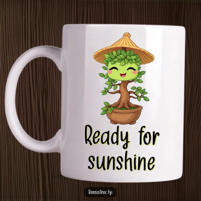 Funny Bonsai Tree Mug: A cute bonsai character winking playfully while sporting a miniature straw hat, exuding charm and mischief.