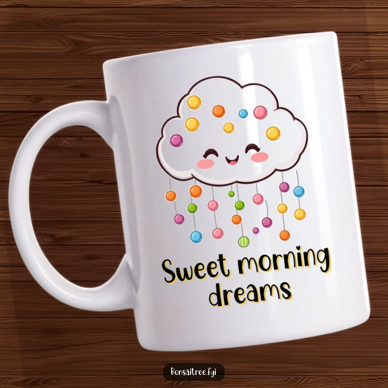 Funny cloud mug raining colorful candy drops, emanating pure joy and sweetness.